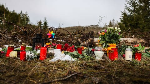 Kerzen und Blumen liegen in einem Waldstück, in dem die zwölfjährige Luise aus Freudenberg getötet wurde. (Foto: picture-alliance / Reportdienste, picture alliance/dpa | Oliver Berg)