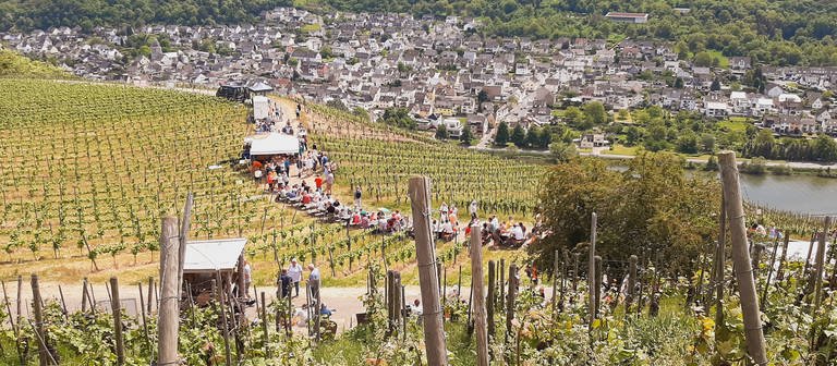 Steillagenfest in Winningen: Inmitten der Terrassenlandschaft der Winninger Weinberge bieten Winzer und Wirte Köstlichkeiten aus Küche und Keller. (Foto: SWR)
