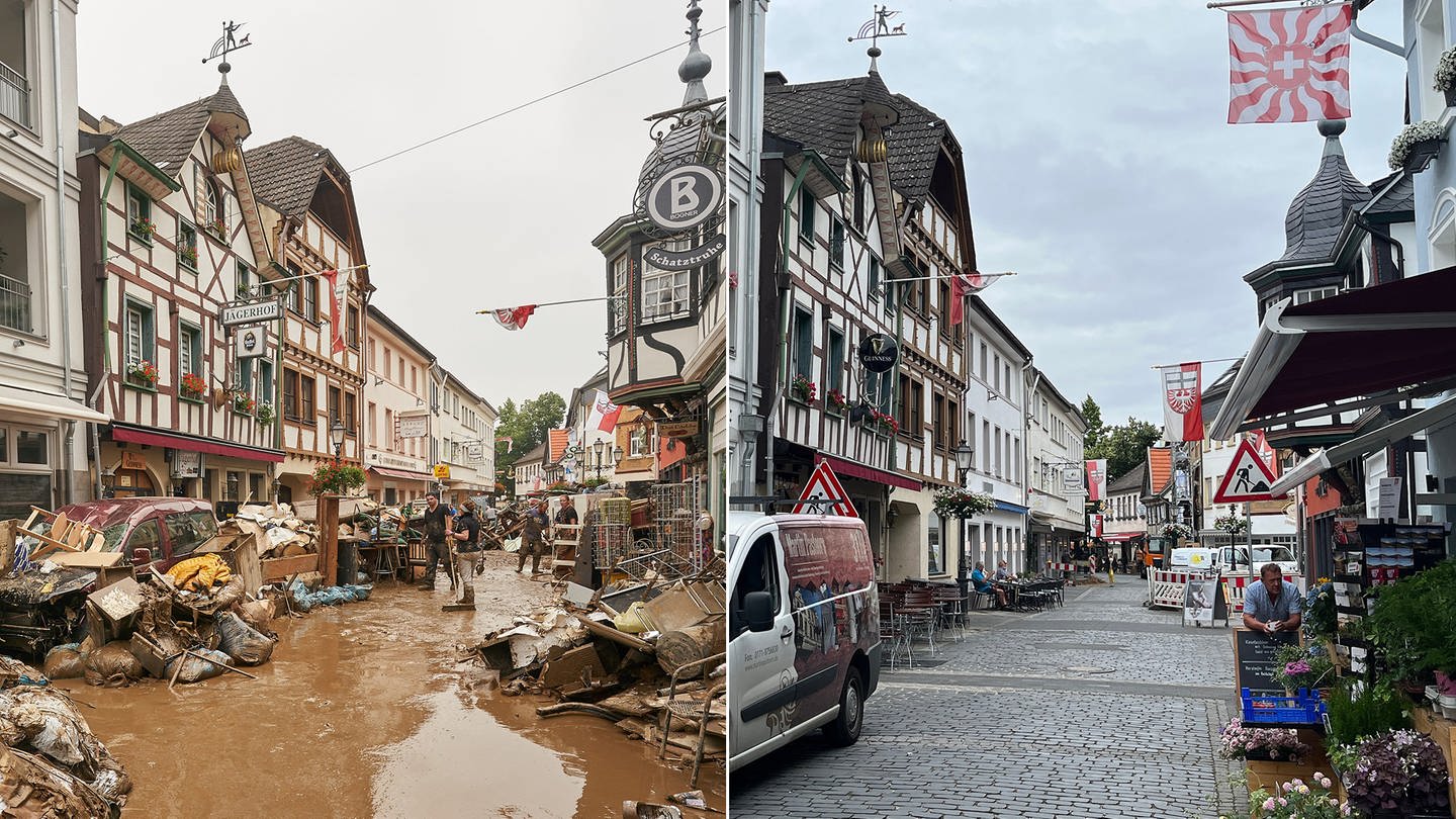 Innenstadt von Bad Neuenahr-Ahrweiler kurz nach der Flut 2021 und heute 2023 (Foto: SWR)