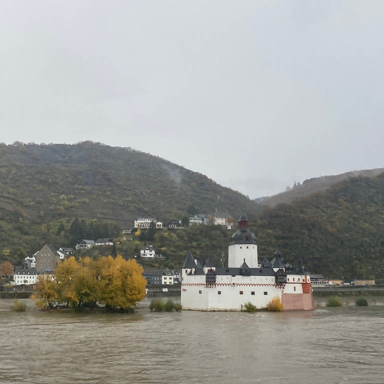 Die Burg Pfalzgrafenstein bei Hochwasser im Rhein bei Kaub. (Foto: SWR)