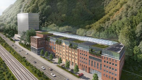 Grafik: Die Gebäude der Koblenzer Brauerei haben über ihren Innenhof ein gewölbtes Glasdach. (Foto: Pressestelle, CS Asset Wohnen An der Königsbach GmbH)