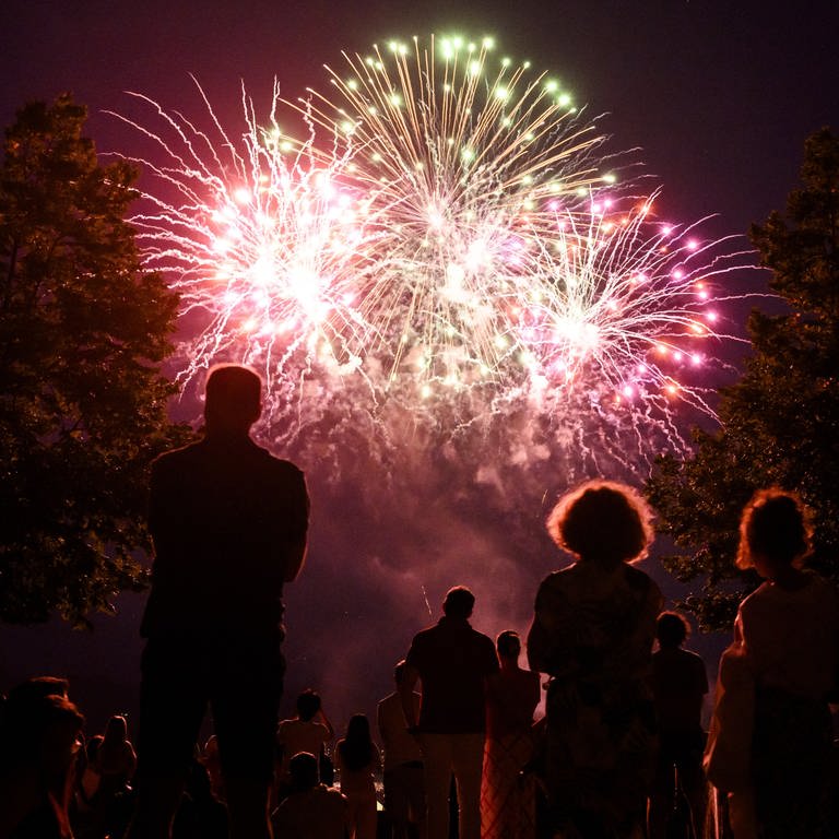 Feuerwerk am Himmel mit Menschen im Vordergrund (Foto: picture-alliance / Reportdienste, picture alliance/dpa/KEYSTONE | Jean-Christophe Bott)