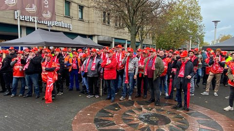 Beschäftigte der Metall- und Elektroindustrie tragen rote Westen Schals und Kappen, auf denen "Warnstreik" steht. Sie haben sich zu einer Demonstration versammelt.  (Foto: SWR)