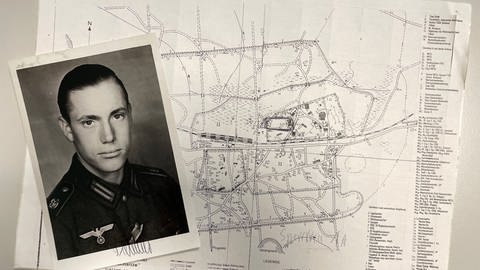 Ein Foto des jungen Kurt Salterberg und ein Plan des ehemaligen Führerhauptquartiers Wolfsschanze. (Foto: SWR)