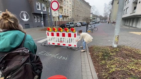 Wütende Frau versetzt eigenmächtig Straßenschild neben Klimademo. (Foto: SWR)