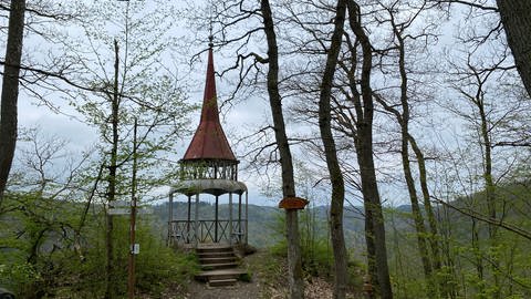 Ein Turm auf einem Wanderweg mit schöner Aussicht. Auf der HeimatSpur Wasserfall-Erlebnisroute kommen Wanderer bei Bad Bertrich auch am Hohenzollernturm vorbei. (Foto: SWR)