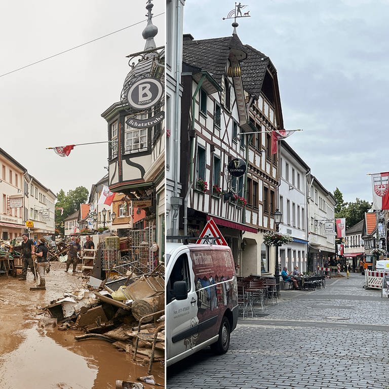 Innenstadt von Bad Neuenahr-Ahrweiler kurz nach der Flut 2021 und heute 2023