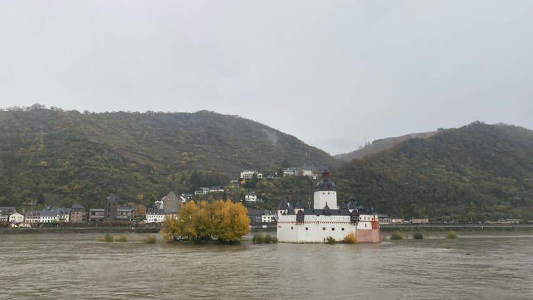 Die Burg Pfalzgrafenstein bei Hochwasser im Rhein bei Kaub.