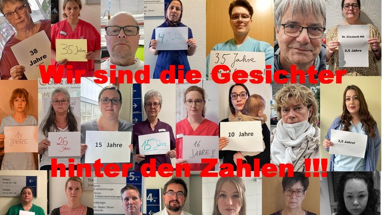 Eine Collage zeigt Fotos von Mitarbeitenden des überraschend geschlossenen St. Elisabeth Krankenhauses in Lahnstein: Sie halten Schilder vor sich auf denen die Anzahl der Jahre steht, die sie in dem Krankenhaus gearbeitet haben