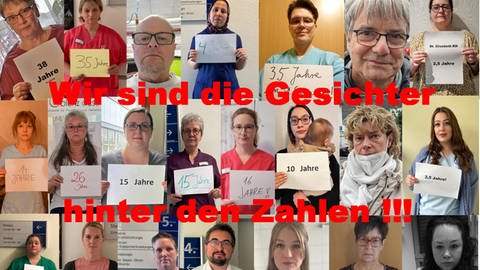 Eine Collage zeigt Fotos von Mitarbeitenden des überraschend geschlossenen St. Elisabeth Krankenhauses in Lahnstein: Sie halten Schilder vor sich auf denen die Anzahl der Jahre steht, die sie in dem Krankenhaus gearbeitet haben (Foto: Privat)