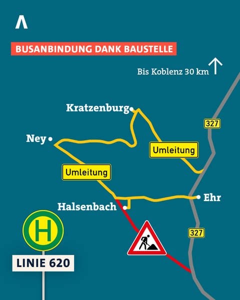 Karte vom Hunsrück zeigt Orte Kratzburg und Ney, in denen jetzt der Bus hält, weil dieser wegen einer Baustelle nicht mehr durch den Nachbarort fahren kann.