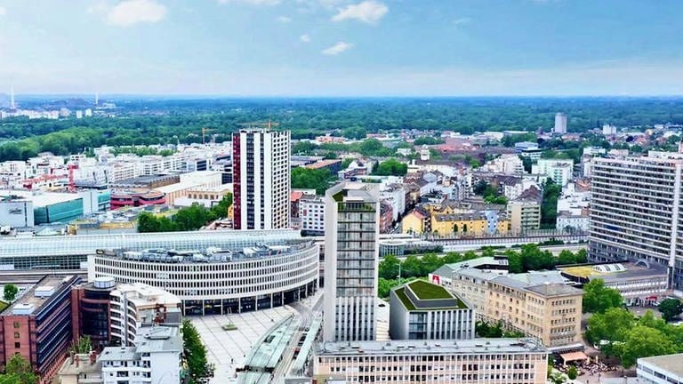 Foto-Montage mit dem geplanten Metropol-Hochhaus am Berliner Platz in Ludwigshafen (Vogelperspektive)