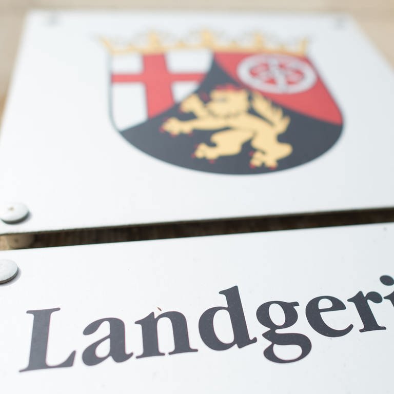 Ein Schild mit dem rheinland-pfälzischen Landeswappen und der Aufschrift "Landgericht" in Landau (Foto: SWR)