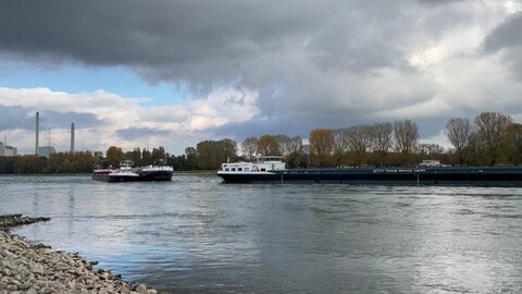 Nach den Havarien auf dem Rhein bei Hagenbach warten Schiffe auf die Weiterfahrt (Foto: SWR)