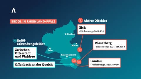 Die Karte zeigt die Standorte von aktiven Ölfeldern in der Pfalz und den Standorten, wo nach Erdöl gesucht wird (Foto: SWR)