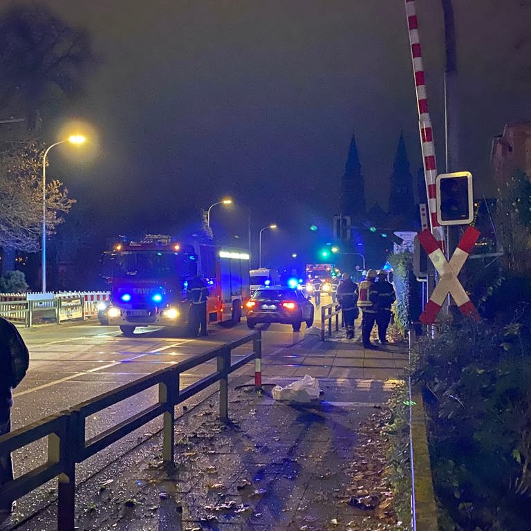 Ein Feuerwehrauto und ein Polizeiauto stehen im Dunkeln mit Blaulicht an dem Bahnübergang in Landau, wo eine Regionalbahn zuvor ein Auto erfasst hatte. (Foto: SWR)