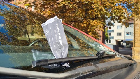 Info-Flyer statt Knöllchen zum Parken in der Landauer Südstadt an einer Windschutzscheibe (Foto: SWR)