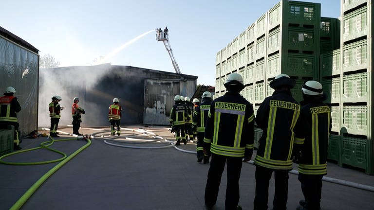 Feuerwehreinsatz bei Lagerhallenbrand in Kandel (Foto: SWR)