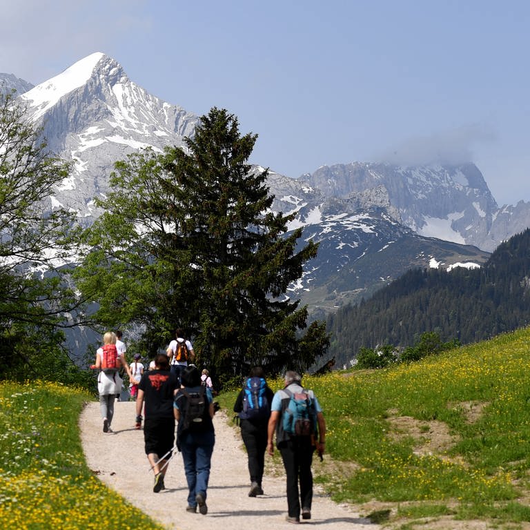 Wanderer gehen am Eckbauer Richtung Alpspitze im Wettersteingebirge. (Foto: dpa Bildfunk, Picture Alliance)
