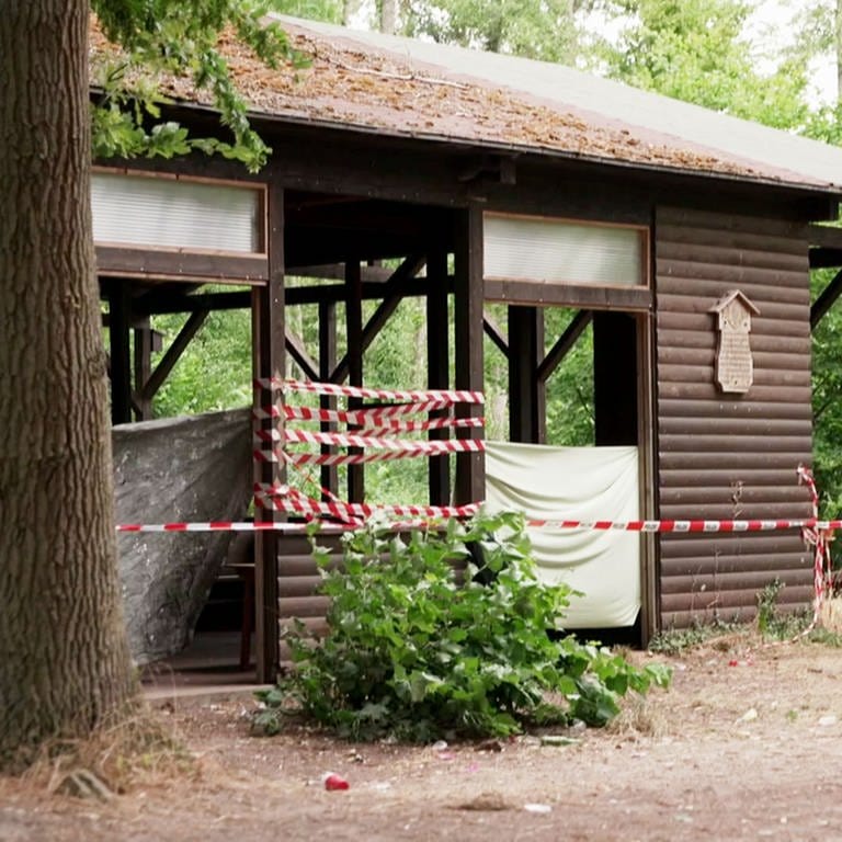Eine Hütte in einem Wald bei Weingarten, in der vor der Tat gefeiert wurde. Später wurde ein 17-Jähriger in der Nähe an einem Feldweg getötet. (Foto: SWR)