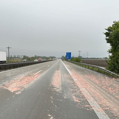 Lkw verliert Teewurst auf der A61 bei Ludwigshafen. (Foto: Polizeidirektion Neustadt/Weinstraße)