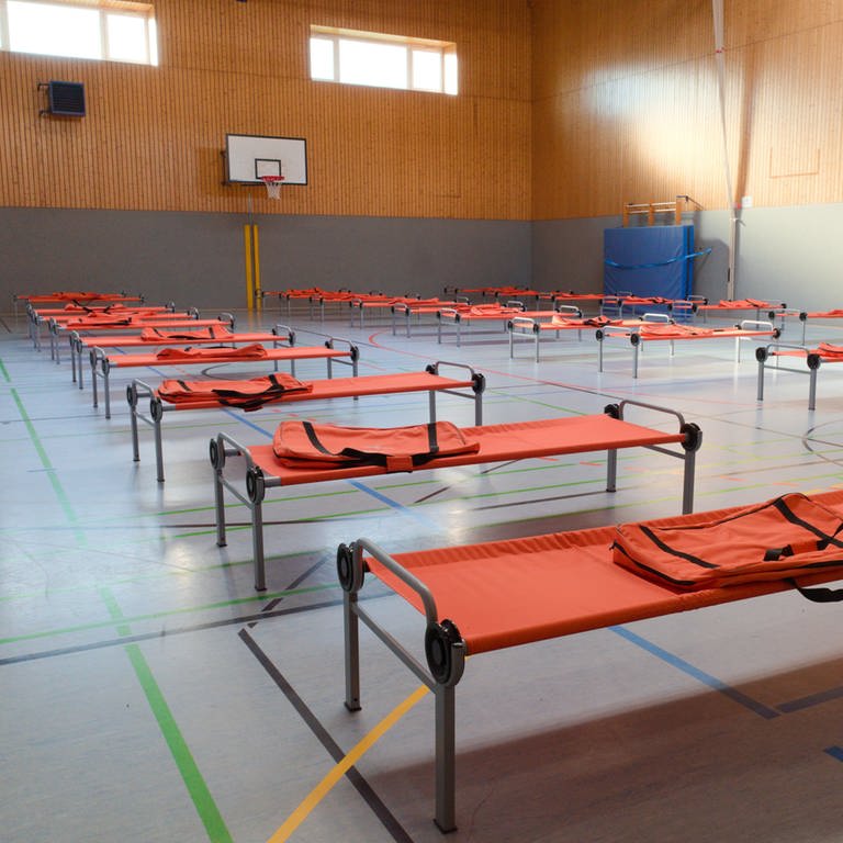 Die Turnhalle des Sebastian-Münster-Gymnasiums in Ingelheim wird zur Notunterkunft für ukrainische Flüchtlinge (Foto: Kreisverwaltung Mainz-Bingen)