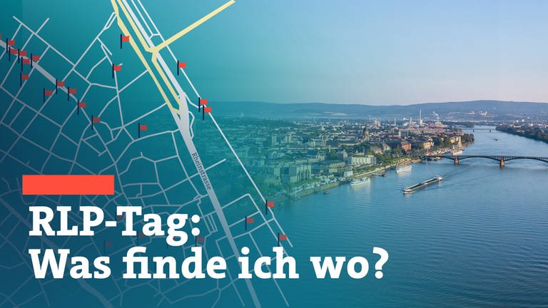 Auf der Grafik ist links ein Teil des Stadtplanszu sehen, rechts ein Bild der Stadt Mainz aus der Luft. Der Text lautet: RLP-Tag: Was finde ich wo? (Foto: SWR, M. Koller)