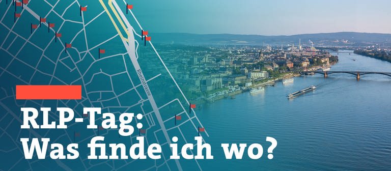 Auf der Grafik ist links ein Teil des Stadtplanszu sehen, rechts ein Bild der Stadt Mainz aus der Luft. Der Text lautet: RLP-Tag: Was finde ich wo? (Foto: SWR, M. Koller)