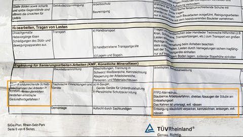 Ein Dokument des TÜV-Rheinland weist auf die Gefahren und den sicheren Umgang mit den kritischen Müllstoffen auf dem Rhein-Selz-Park hin (Foto: SWR)