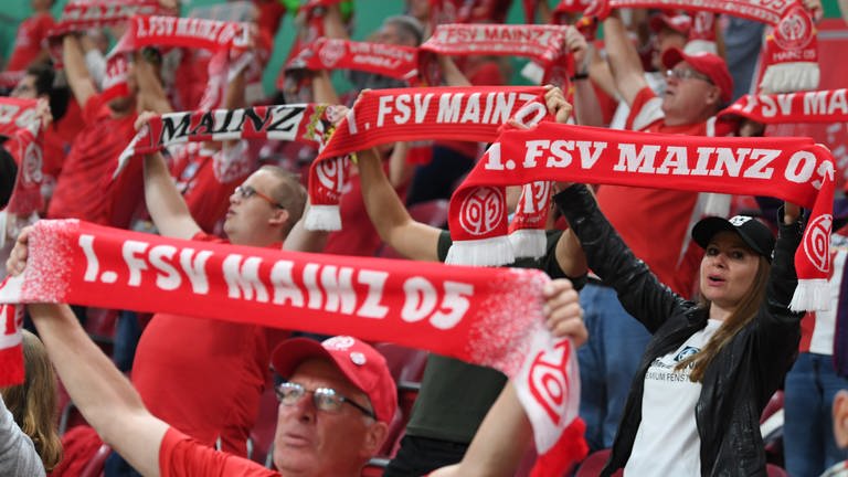 Mainz 05-Fans halten im Stadion vor einem Spiel ihre Fanschals hoch.