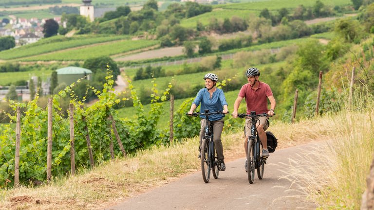 Radfahrer sind am Roten Hang bei Nierstein unterwegs. (Foto: Rheinhessen Touristik)