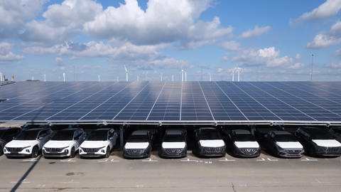 Autos stehen unter einem Dach mit Solarpanelen. Die Mainzer Stadtwerke planen so eine Konstruktion auf dem Messeparkplatz  (Foto: dpa Bildfunk, picture alliance/dpa | Sebastian Willnow)