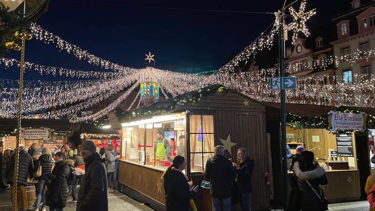 Der Lichterhimmel leuchtet über dem Mainzer Weihnachtsmarkt. Er findet bis 23. Dezember auf dem Domplatz statt (Foto: SWR)