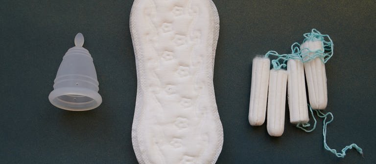 Eine Menstruationstasse, Slipeinlagen und Tampons verschiedener Hersteller liegen auf einem Tisch. Die Stadt Mainz will Periodenprodukte künftig kostenlos anbieten. (Foto: dpa Bildfunk, picture alliance/dpa | Annette Riedl)