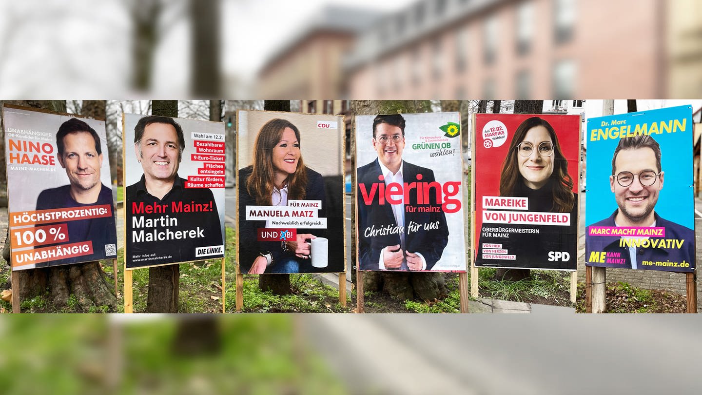 Die Wahlplakate der Kandidatinnen und Kandidaten zur Mainzer OB-Wahl 2023
