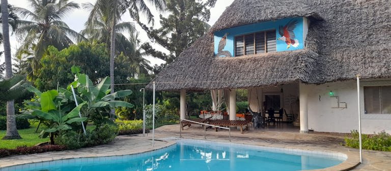 Das Haus, das die Gemeinde Wöllstein in Kenia geerbt hat, hat ein Reetdach. Im Giebel an der Hauswand wurden zwei Greifvögel aufgemalt. Vor dem Haus gibt es einen Pool.  (Foto: A. Gohu (privat) )