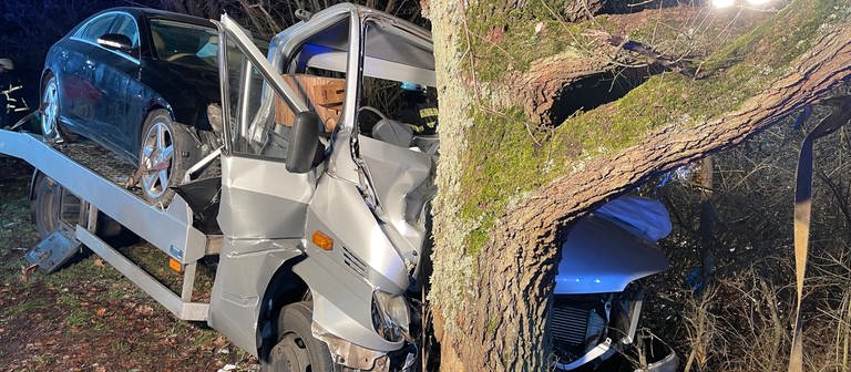 Ein Autotransporter ist bei Meddersheim gegen einen Baum gekracht. (Foto: Pressestelle, Polizei Kirn)