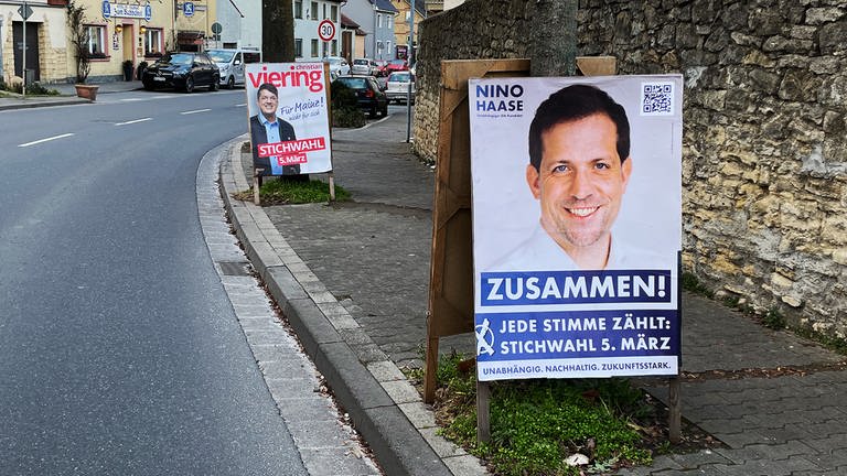 Wahlplakate von Christian Viering und Nino Haase stehen an der Hauptstraße in Mainz-Finthen (Foto: SWR, Daniel Brusch)