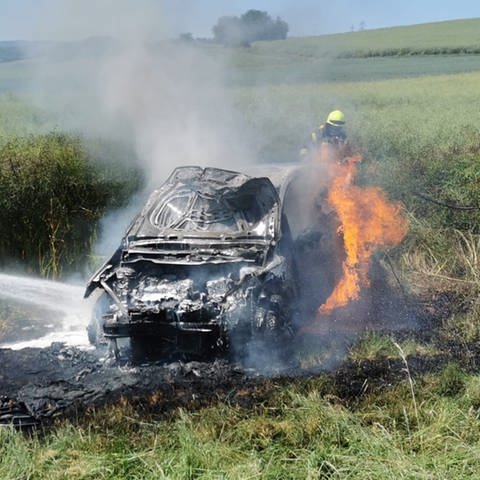 letzte Löscharbeiten an einem völlig ausgebranntes Auto in einem Feld bei Hargesheim (Foto: Feuerwehr VG Rüdesheim)