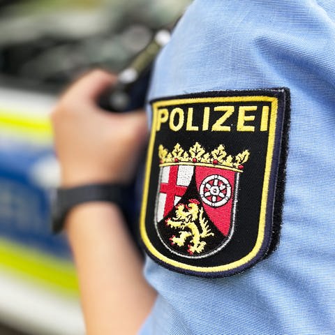 Polizeiauto, daneben Polizist mit Wappen auf Ärmel  (Foto: SWR)