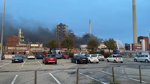 Auf dem Foto sind Rauchschwaden zu sehen: Großbrand in Worms bei der Firma Röhm (Foto: SWR)