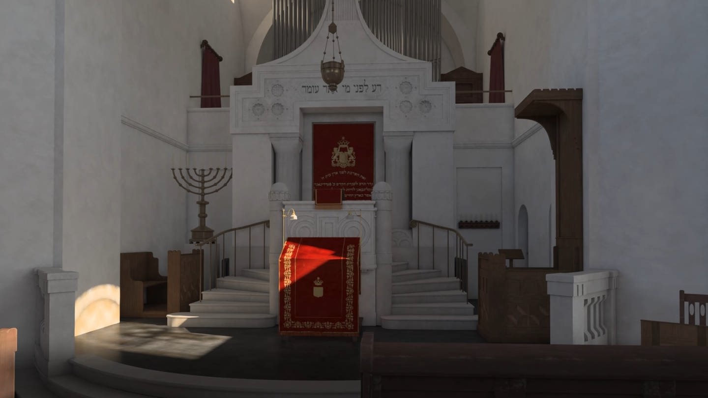 Virtuelle Ansicht der Synagoge von innen, mit Toraschrein und Bima. (Foto: Arbeitskreis jüdisches Bingen)