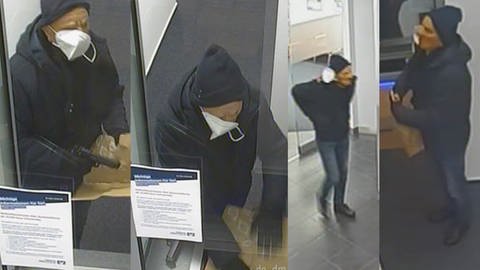 Verschiedene Aufnahmen der Überwachungskameras zeigen den maskierten Täter mit einer Waffe (Foto: Polizei Rheinland-Pfalz)