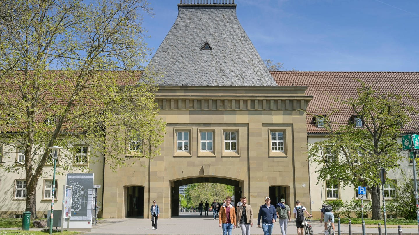 Studenten vor dem Haupteingang am Tor-Gebäude der Johannes Gutenberg-Universität Mainz in Rheinland-Pfalz. (Foto: picture-alliance / Reportdienste, Schoening)