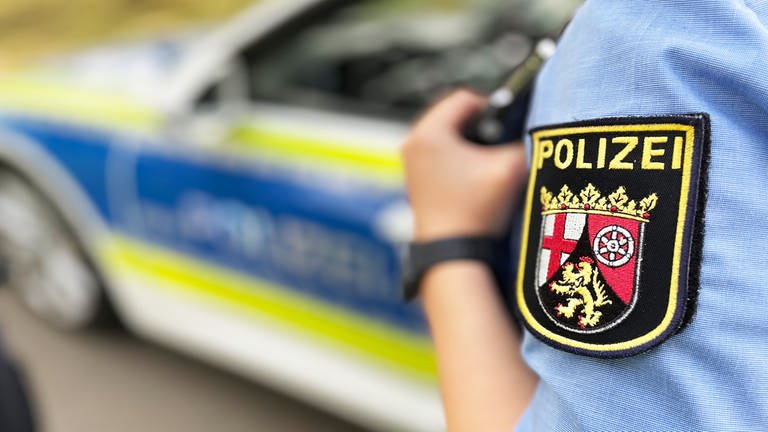Polizeiauto, daneben Polizist mit Wappen auf Ärmel 