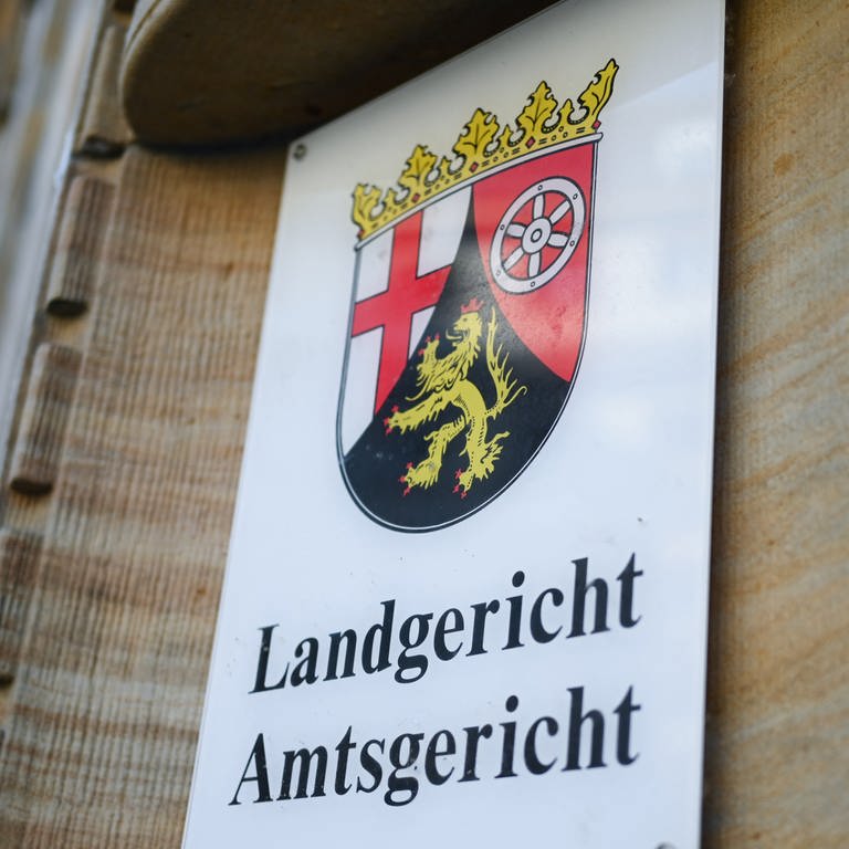 Ein Schild mit dem Landeswappen von Rheinland-Pfalz und der Aufschrift "Landgericht Amtsgericht" prangt an der Fassade.  (Foto: dpa Bildfunk, Arne Dedert)