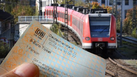 Bildmontage: ein 9-Euro-Ticket und im Hintergrund eine Regionalbahn (Foto: picture-alliance / Reportdienste, picture alliance / SvenSimon | FrankHoermann/SVEN SIMON)