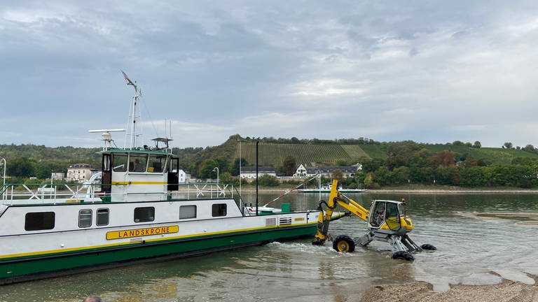 Die Rheinfähre "Landskrone" liegt im Rhein bei Nierstein. Nach Baggerarbeiten kann sie trotz des Niedrigwassers wieder fahren. (Foto: SWR, Damaris Diener)