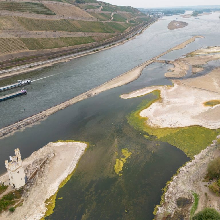 Der Pegelstand des Rheins bei Bingen ist jetzt nur minimal besser als Mitte August. (Foto: dpa Bildfunk, picture alliance/dpa | Boris Roessler)