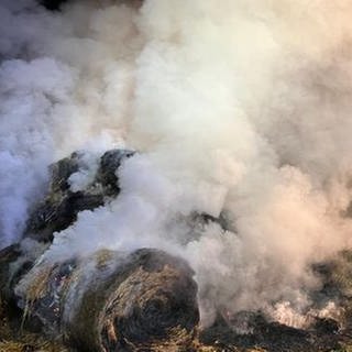 dichter Rauch steigt über brennenden Heuballen auf (Foto: Feuerwehr Worms)